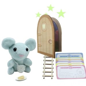 Peluche ratoncito Pérez con puerta que BRILLA Y SE ABRE!!, escalera y bandolera de crochet (Hecha a Mano) que BRILLA en la oscuridad. Para pintar y personalizar. Platito y quesito