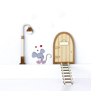 Kit Ratoncito Pérez vinilo. con Puerta, Farola y escalera con estrellas que brillan en la oscuridad. Para pintar y personalizar.
