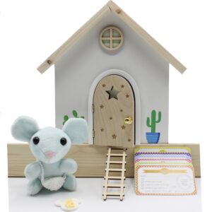 Casita mágica rodapié con Puerta QUE SE ABRE!!! y BRILLA, Peluche mágico del Ratoncito Pérez para Personalizar con Diente y Ventana Que Brillan en la Oscuridad