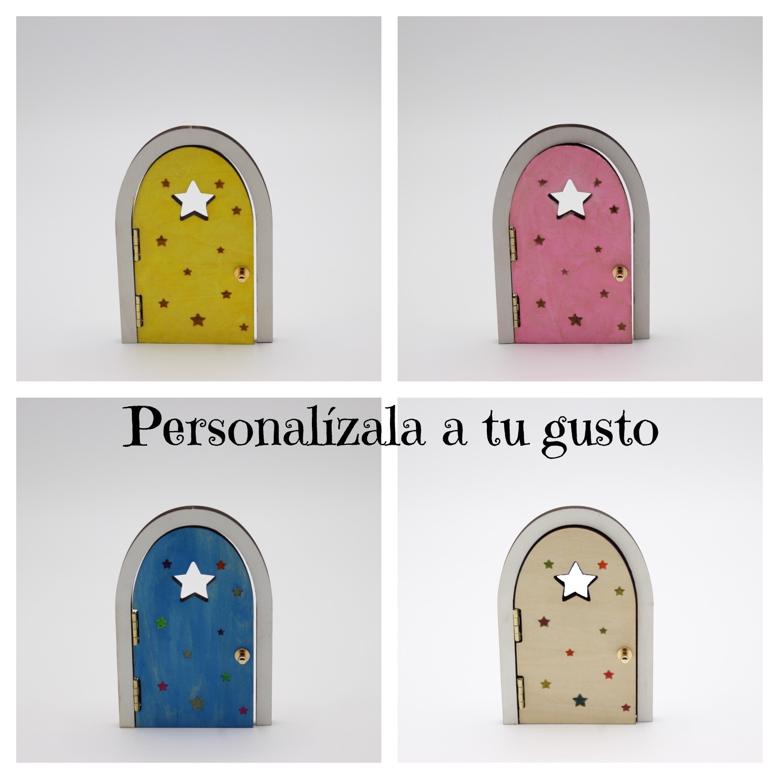 Qué Kawaii® Kit ratoncito Pérez MÁGICO. PUERTA QUE ABRE Y BRILLA EN LA  OSCURIDAD!!!.. Puerta y escalera de madera para pintar y  personalizar+bolsita de crochet+Plato+Quesito+estrellas+6 certificados -  QueKawaii