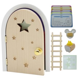 Qué Kawaii® Kit ratoncito Pérez MÁGICO. PUERTA QUE ABRE Y BRILLA EN LA OSCURIDAD!!!.. Puerta y escalera de madera para pintar y personalizar+caja de madera de haya guarda dientes+Plato+Quesito+4 estrellas+6 certificados